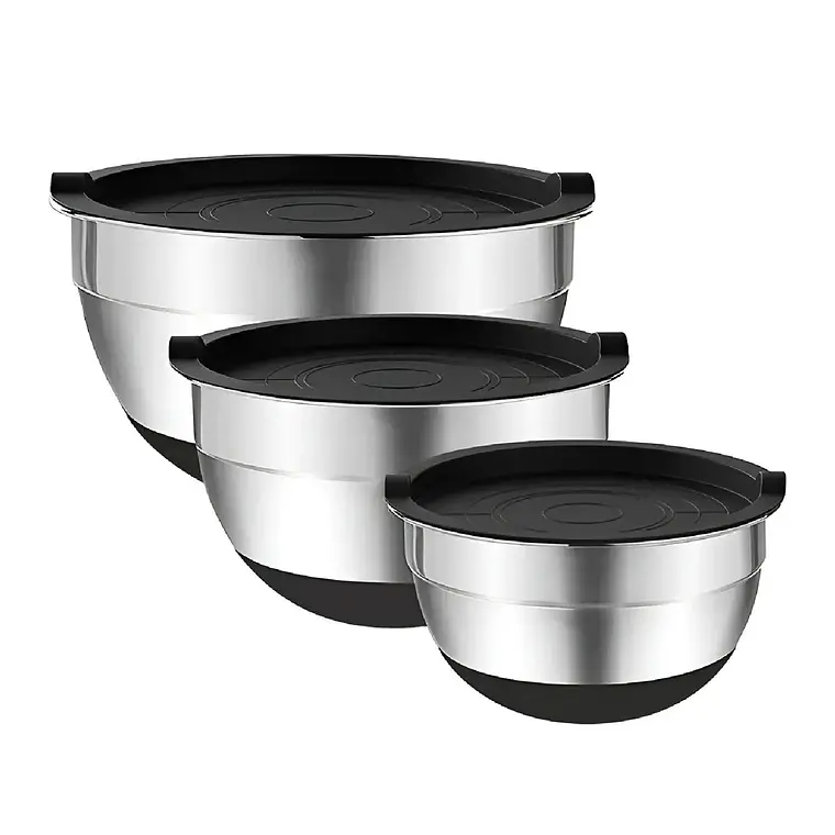 3 Bowls Con Tapa Acero Inoxidable Y Base Antideslizante 1