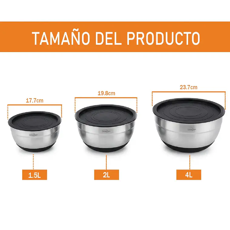 3 Bowls Con Tapa Acero Inoxidable Y Base Antideslizante 7
