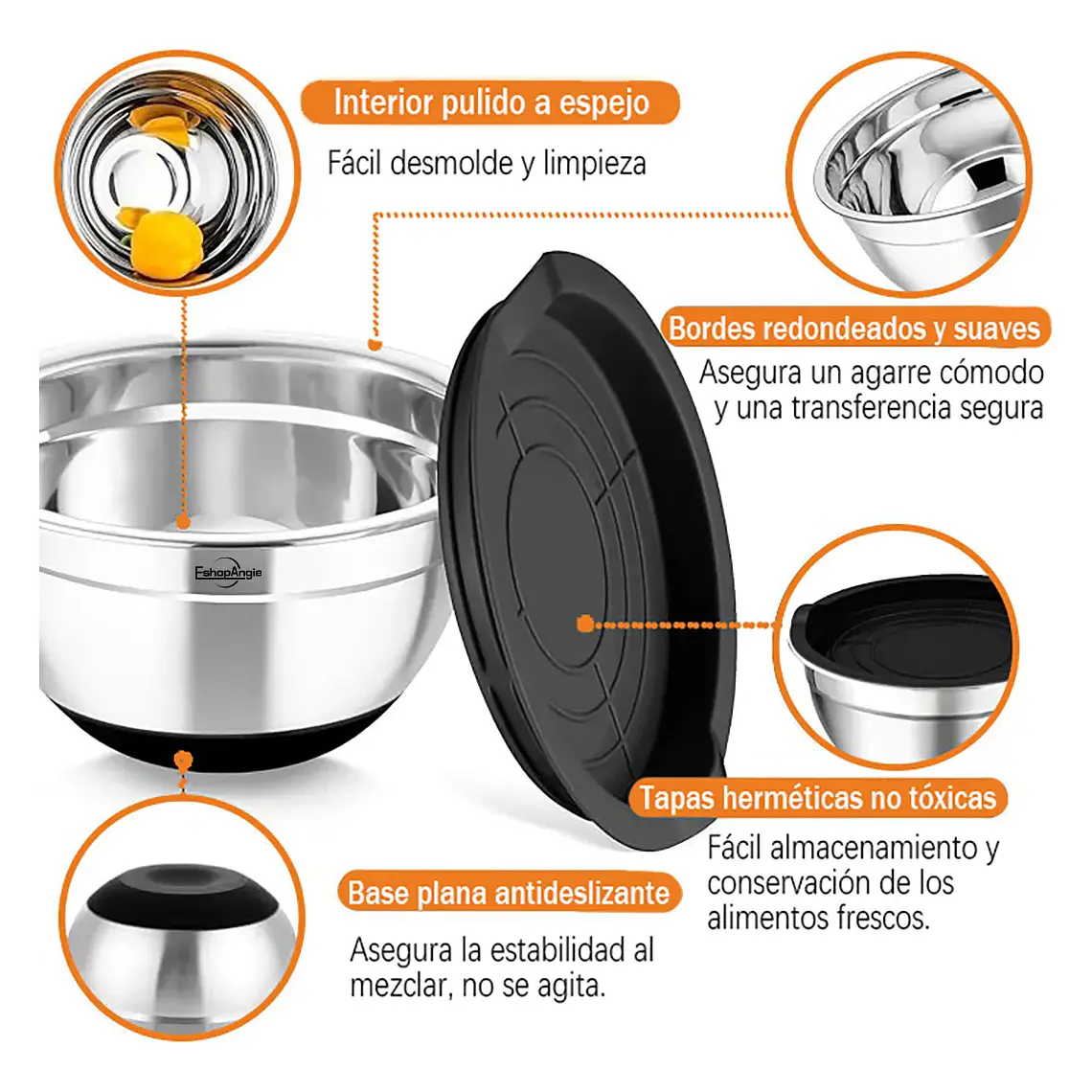 3 Bowls Con Tapa Acero Inoxidable Y Base Antideslizante 2