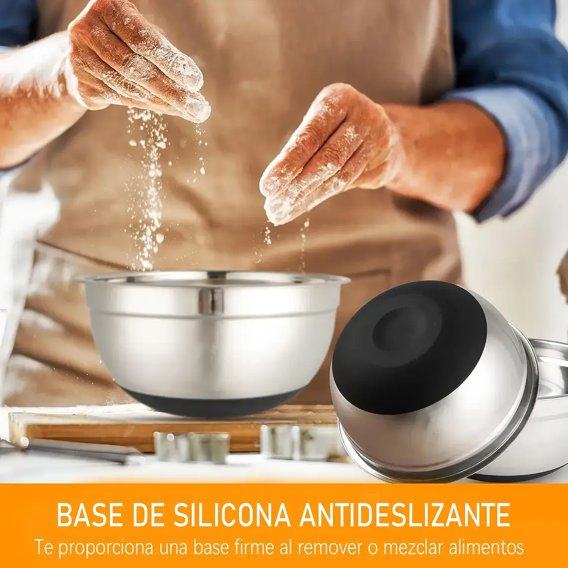 3 Bowls Con Tapa Acero Inoxidable Y Base Antideslizante 3