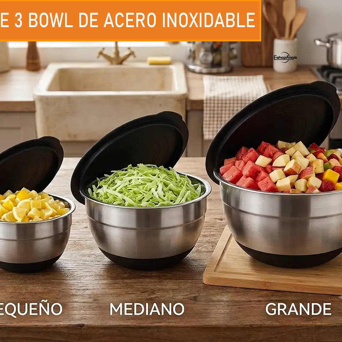 3 Bowls Con Tapa Acero Inoxidable Y Base Antideslizante 4