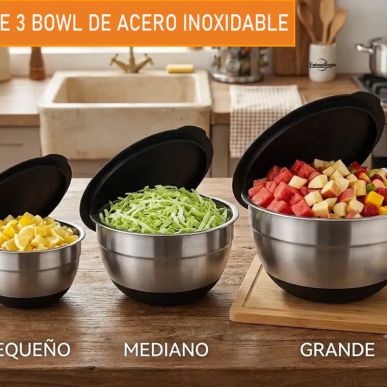 3 Bowls Con Tapa Acero Inoxidable Y Base Antideslizante 4
