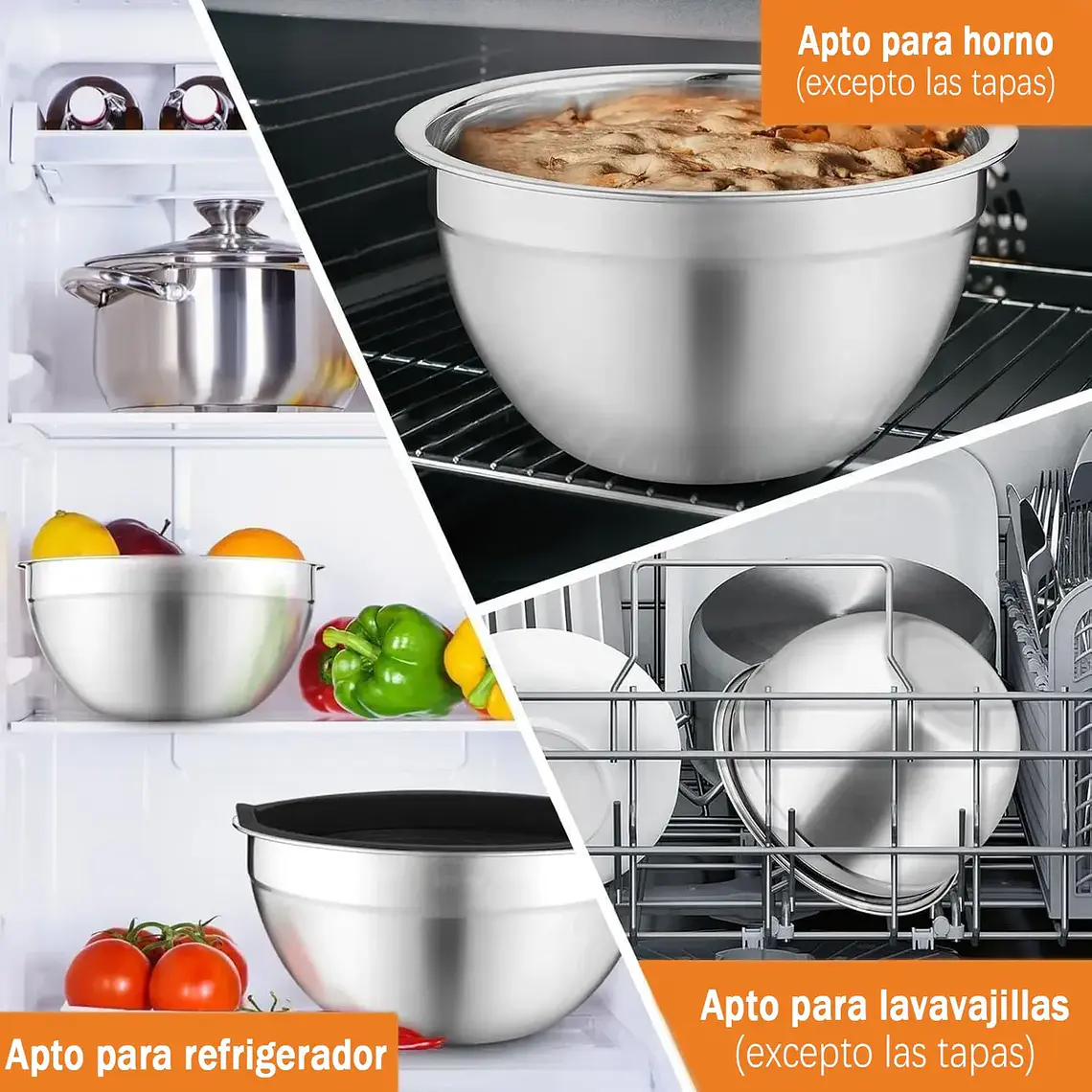 3 Bowls Con Tapa Acero Inoxidable Y Base Antideslizante 5