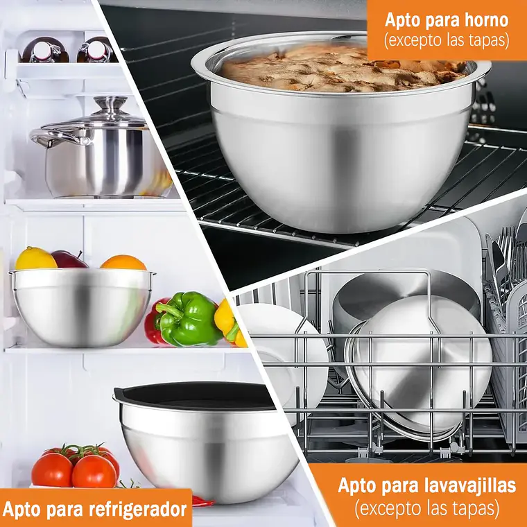 3 Bowls Con Tapa Acero Inoxidable Y Base Antideslizante 5