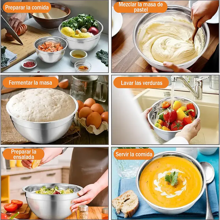 3 Bowls Con Tapa Acero Inoxidable Y Base Antideslizante 6