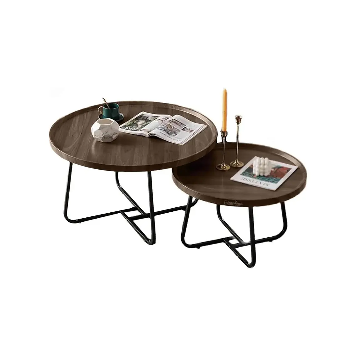 Juego De 2 Mesas De Centro Living Redonda Madera 70+50cm 1
