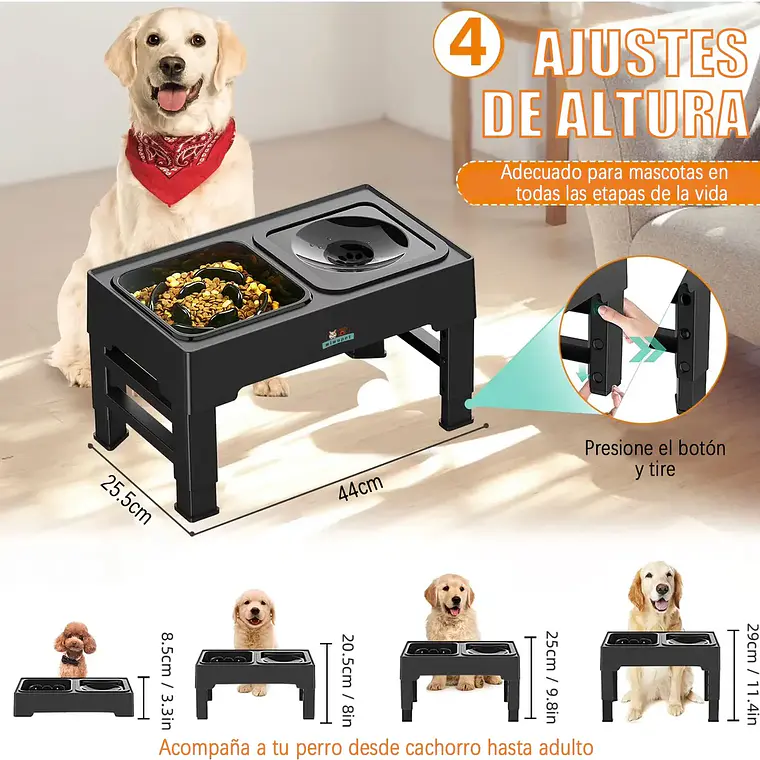 Comedero Bebedero Elevado Regulable 2en1 Perros Gatos Platos 8