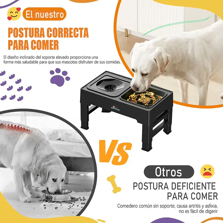 Comedero Bebedero Elevado Regulable 2en1 Perros Gatos Platos 2