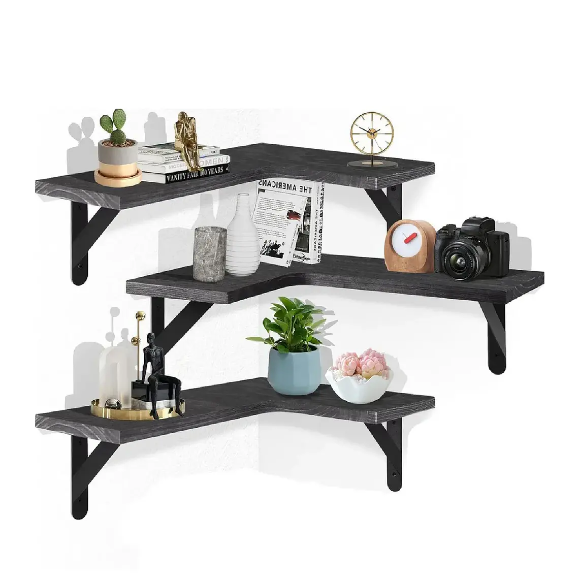 Set 3 Repisas Flotantes Esquineras De Madera Diseño Nordico 2