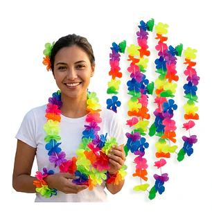 Set 12 Collar Hawaiano Flores Multicolor Cotillon Fiesta