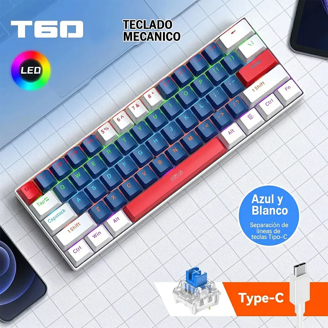 Teclado Mecanico Gamer 60% Rgb Español Hot-swap T60 Usb-c 3