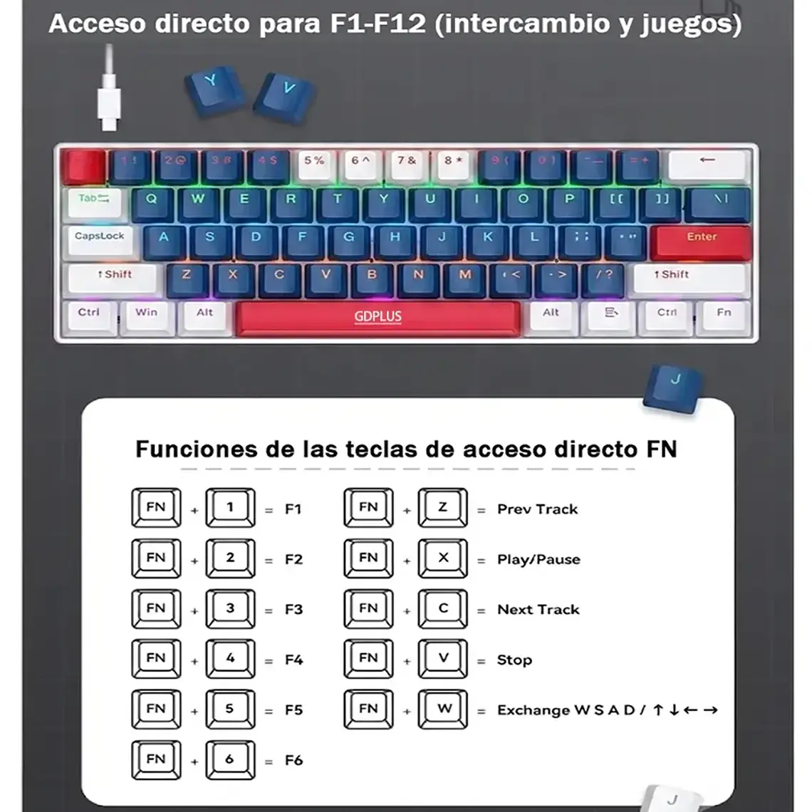Teclado Mecanico Gamer 60% Rgb Español Hot-swap T60 Usb-c 6
