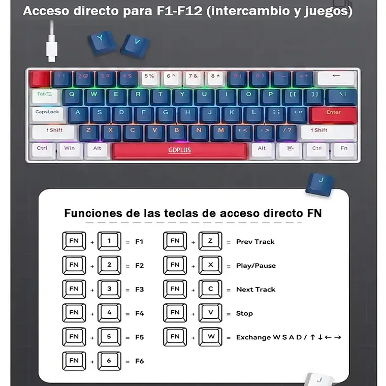 Teclado Mecanico Gamer 60% Rgb Español Hot-swap T60 Usb-c 6