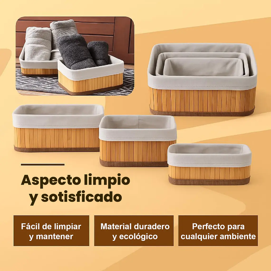 Canastos Bambú Cuadrados Set 3 Unidades Con Forro De Algodón 4