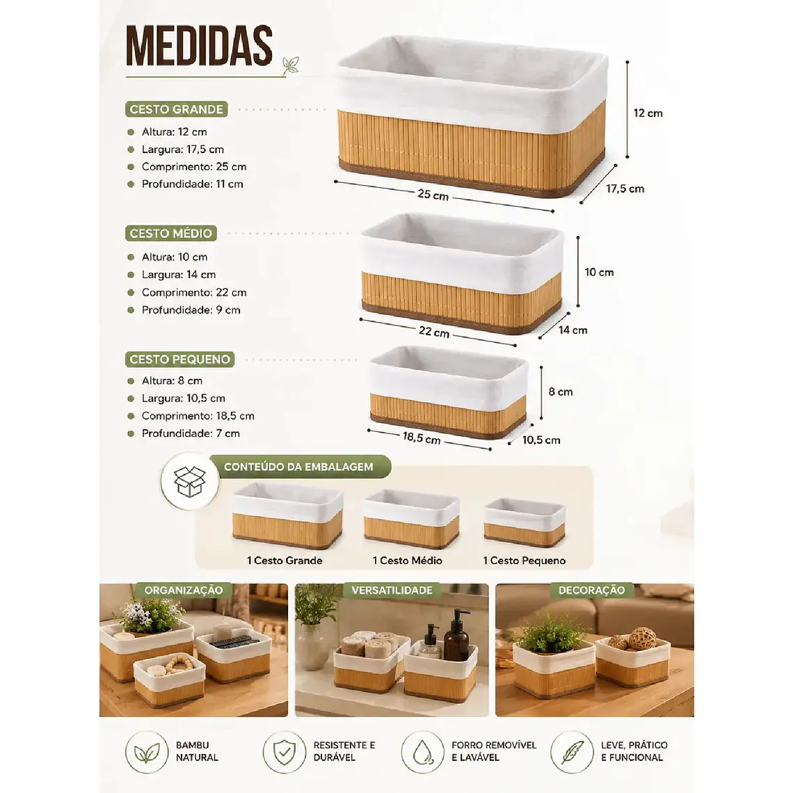 Canastos Bambú Cuadrados Set 3 Unidades Con Forro De Algodón 6