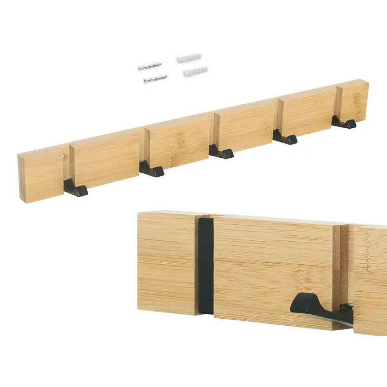 Perchero De Pared Madera Bambu 5 Ganchos Plegables Retractil 1
