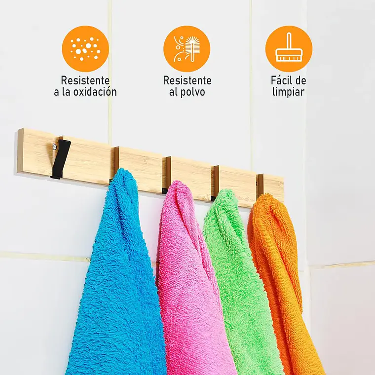 Perchero De Pared Madera Bambu 5 Ganchos Plegables Retractil 3