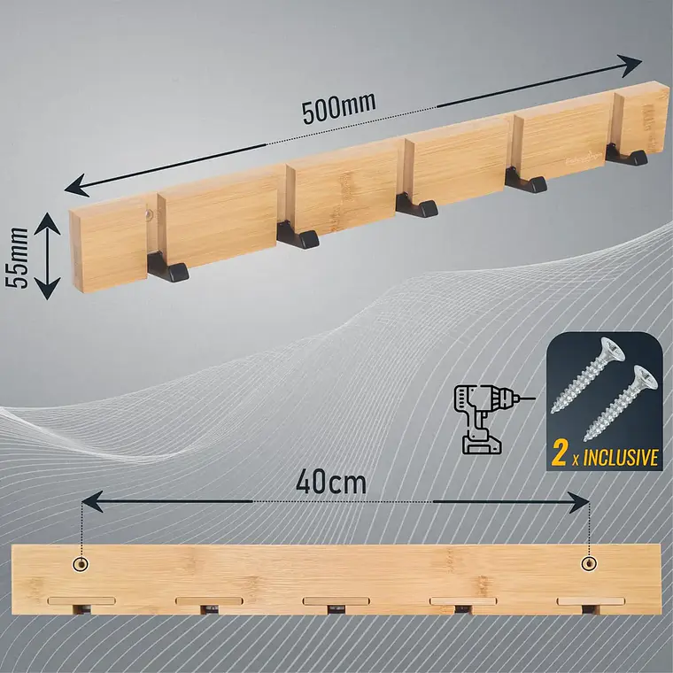 Perchero De Pared Madera Bambu 5 Ganchos Plegables Retractil 6