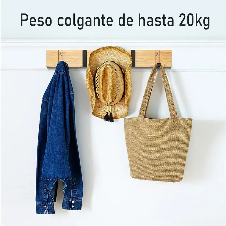 Perchero De Pared Madera Bambu 5 Ganchos Plegables Retractil 4