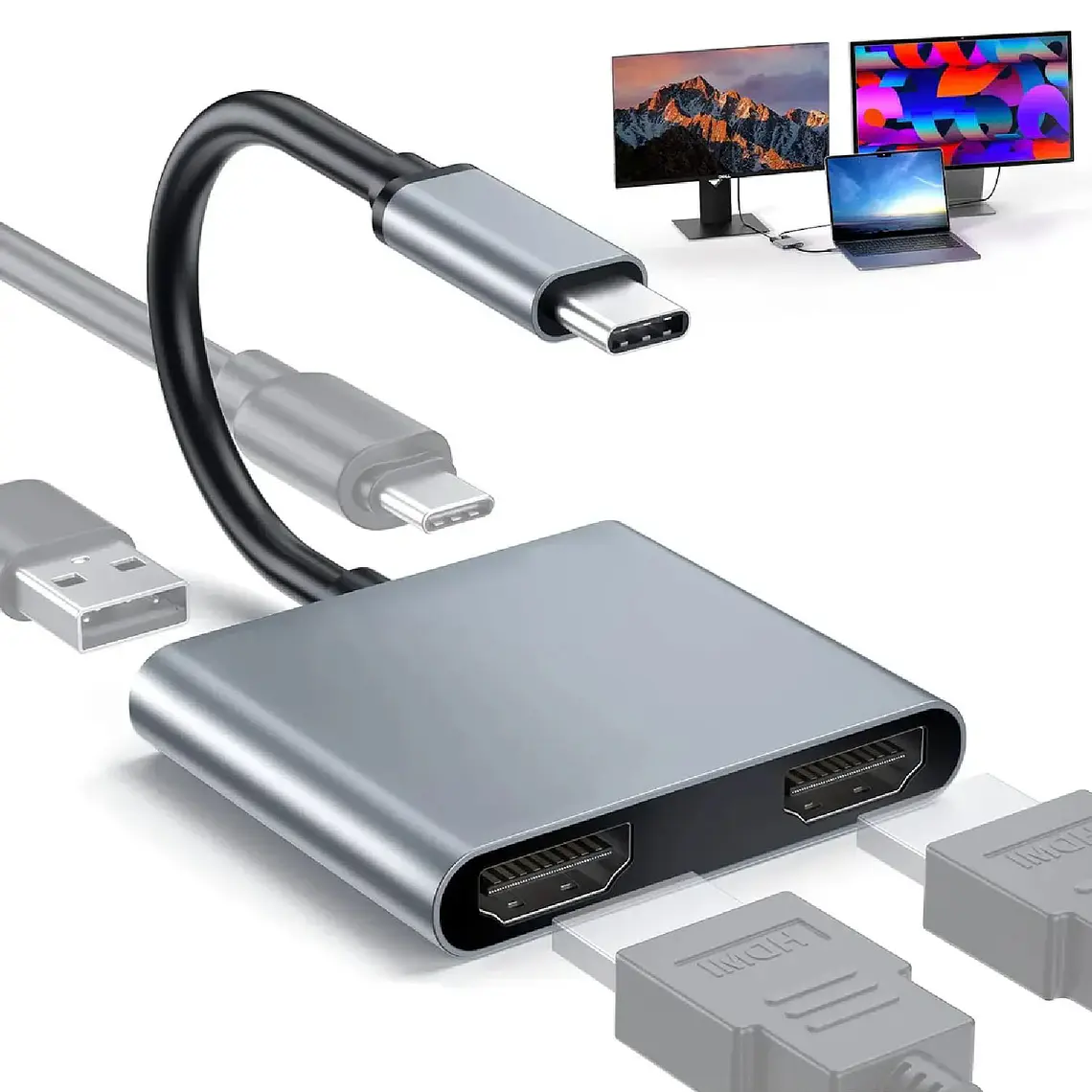 Hub Adaptador Usb-c 4 En 1 Splitter Doble Hdmi 4k Usb 3.0 1