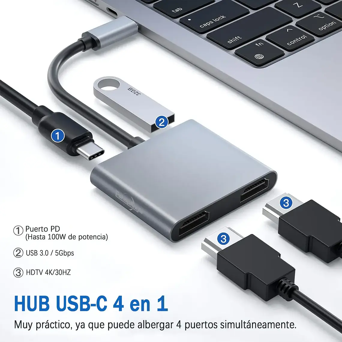 Hub Adaptador Usb-c 4 En 1 Splitter Doble Hdmi 4k Usb 3.0 2