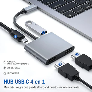 Hub Adaptador Usb-c 4 En 1 Splitter Doble Hdmi 4k Usb 3.0