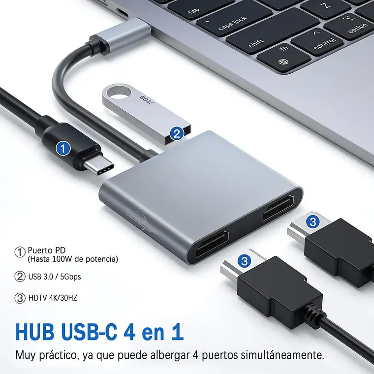 Hub Adaptador Usb-c 4 En 1 Splitter Doble Hdmi 4k Usb 3.0 2