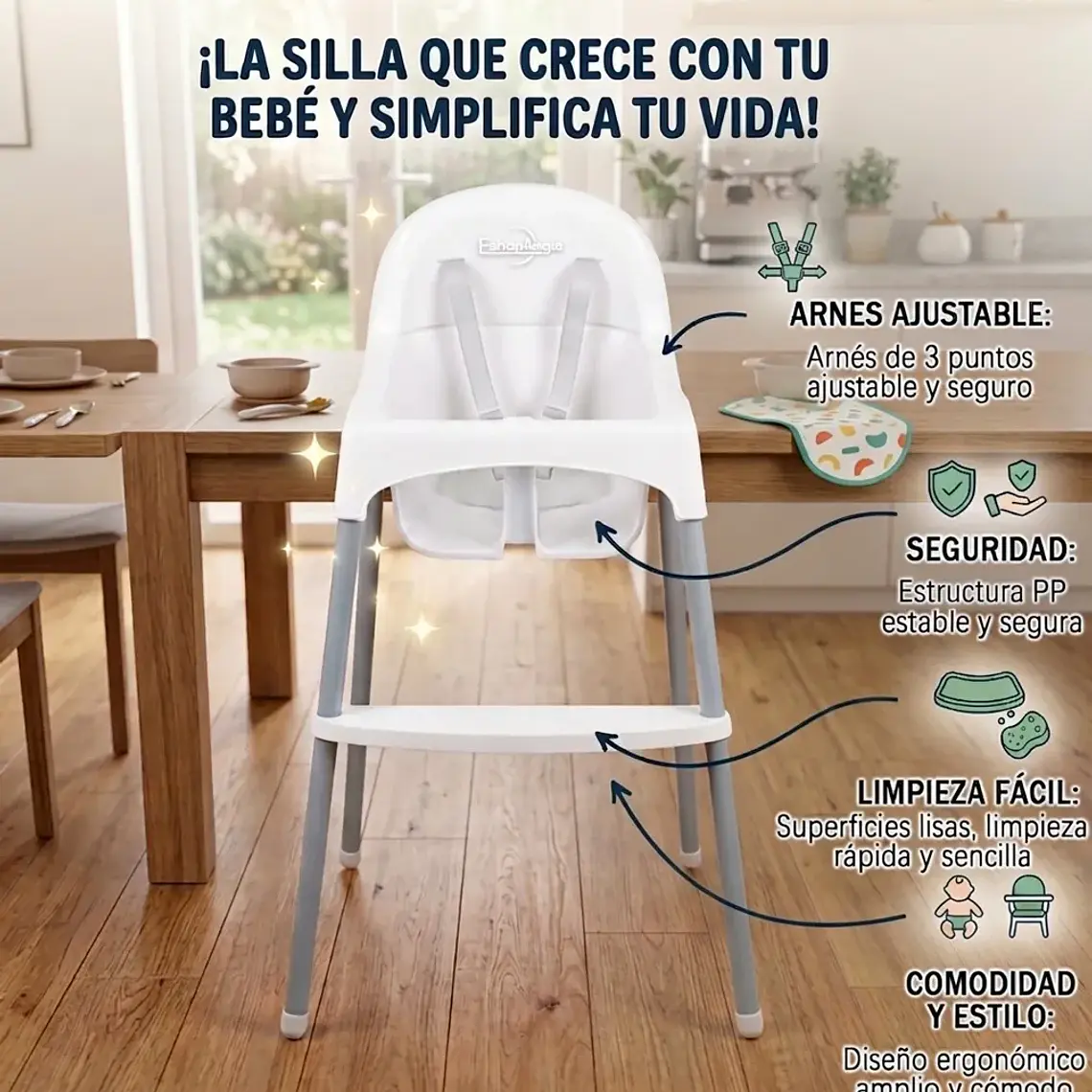 Silla De Comer Bebe Portatil Basico Con Arnés De 3 Puntos 4