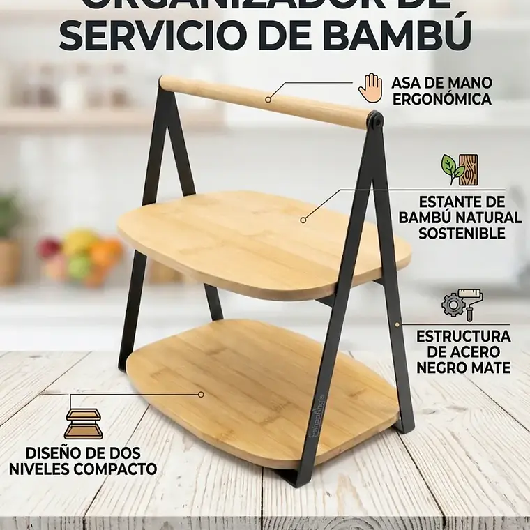 Bandeja Organizador 2 Niveles Bambu Para Servir Bocaditos 3