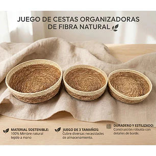 Juego 3 Cestas De Almacenamiento Organizadora Canasto Mimbre
