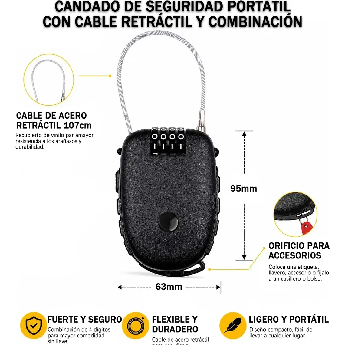 Candado Con Cable De Seguridad Clave De 4 Dígitos Retractil 2