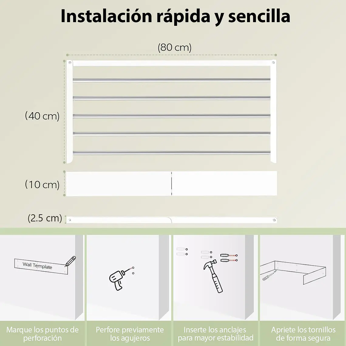 Tendedero Ropa Plegable De Pared Oculto 80 X 40 Cms 6