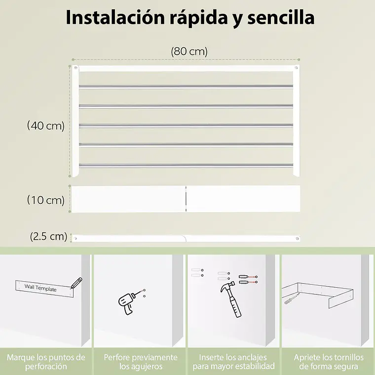 Tendedero Ropa Plegable De Pared Oculto 80 X 40 Cms 6