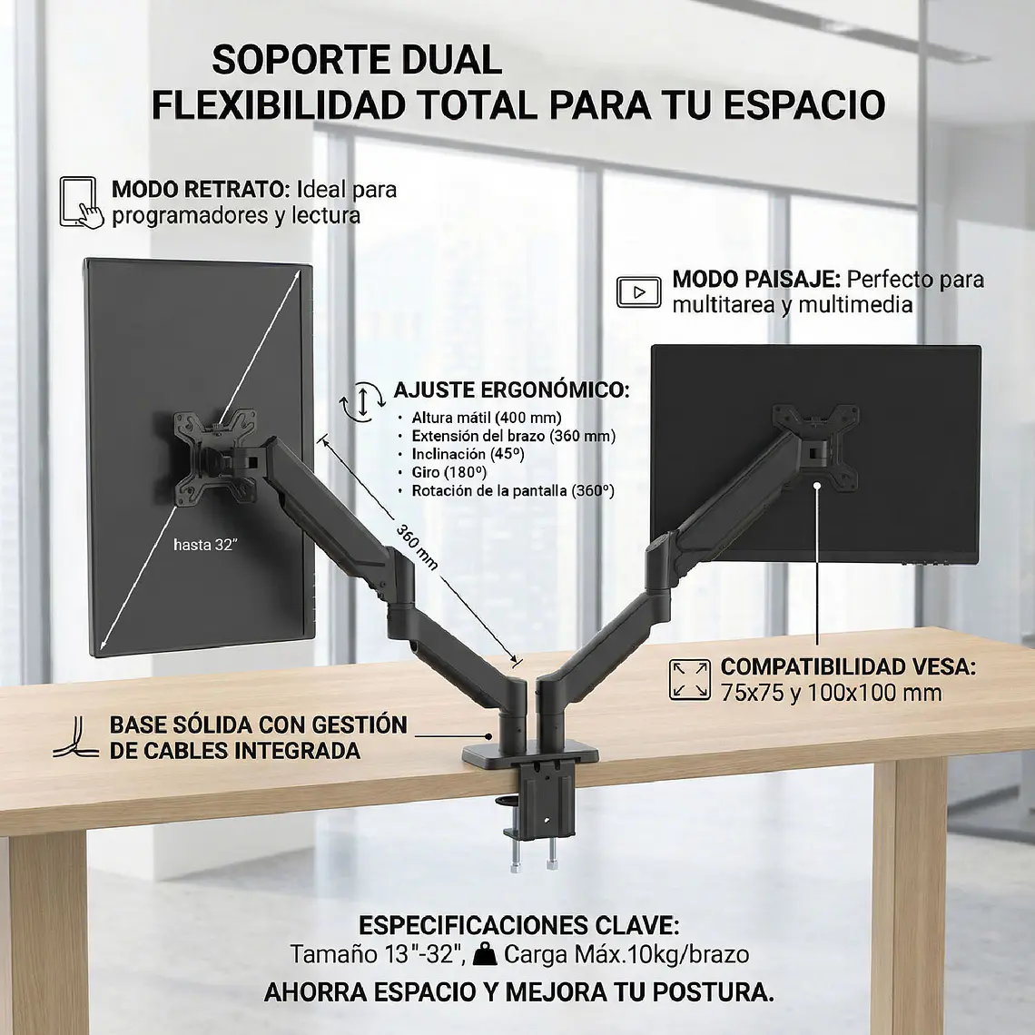 Brazo Soporte Doble Monitor Escritorio 13 A 32 Pulgadas 9kg 3
