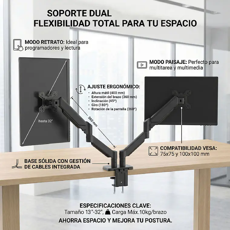 Brazo Soporte Doble Monitor Escritorio 13 A 32 Pulgadas 9kg 3