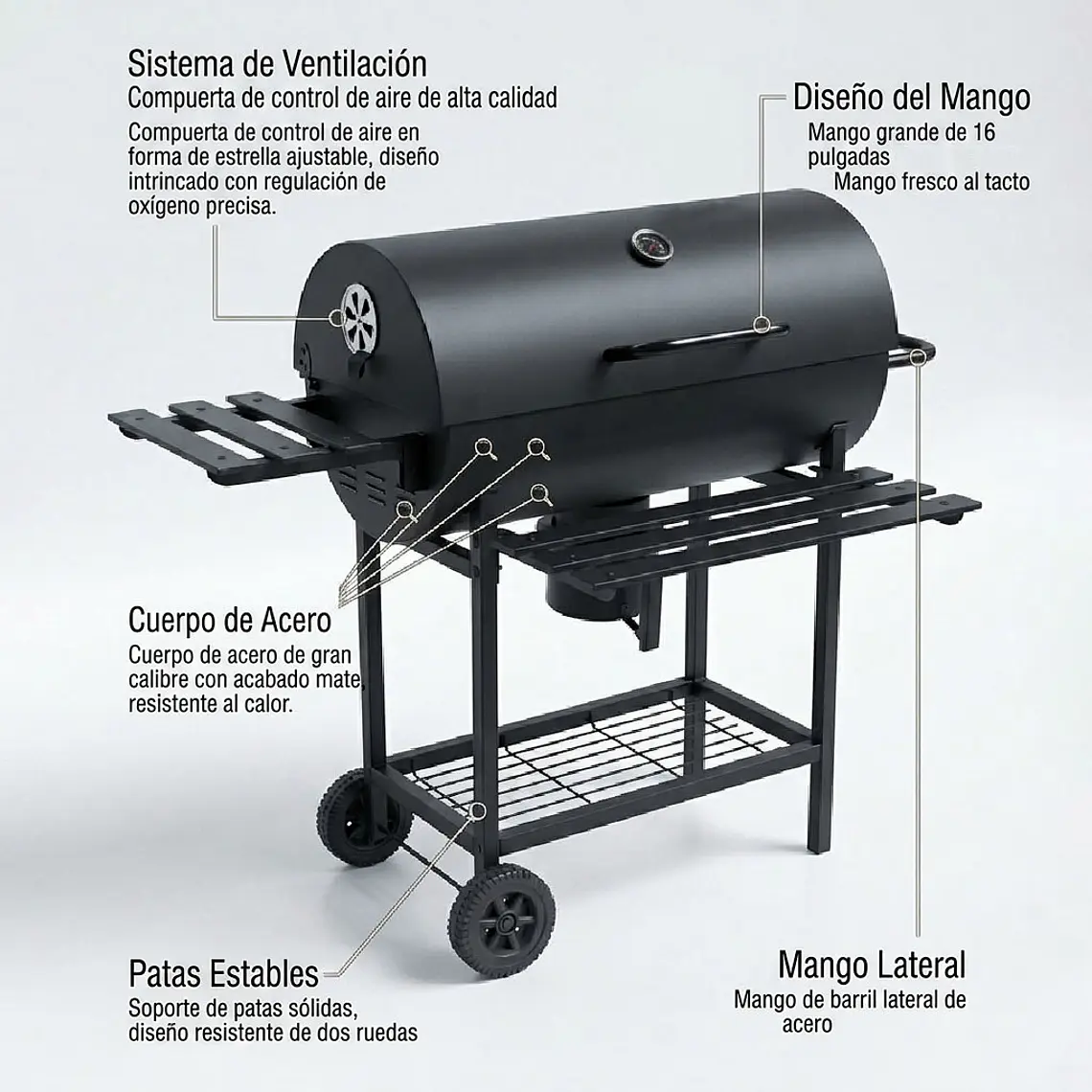 Parrilla A Carbón Móvil Con Termómetro Acero Inoxidable 2