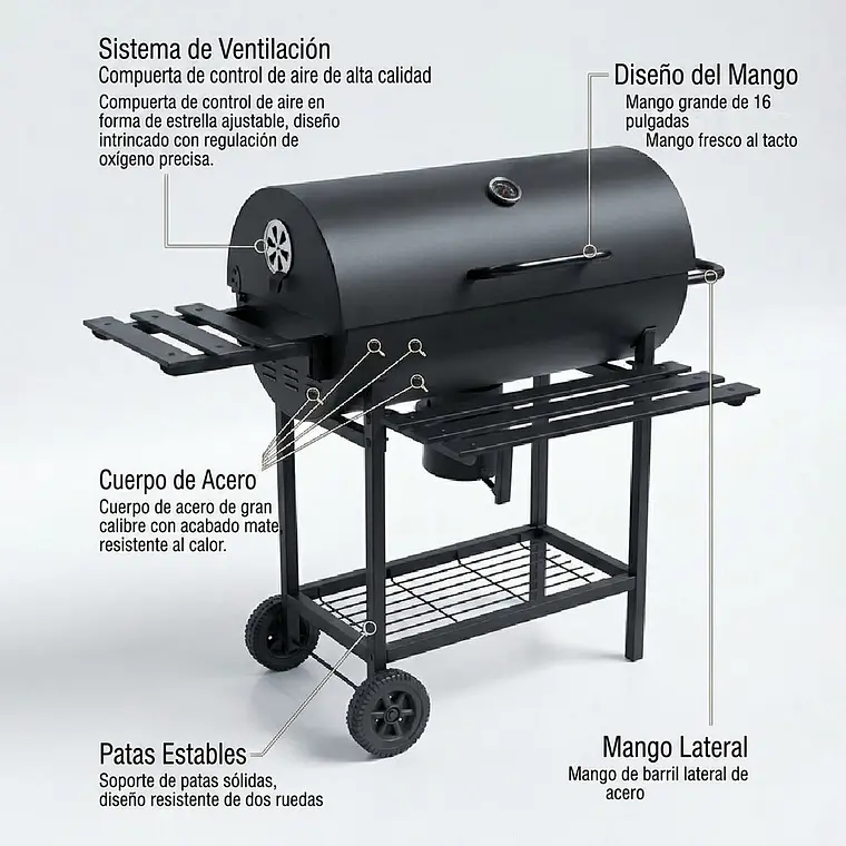 Parrilla A Carbón Móvil Con Termómetro Acero Inoxidable 2