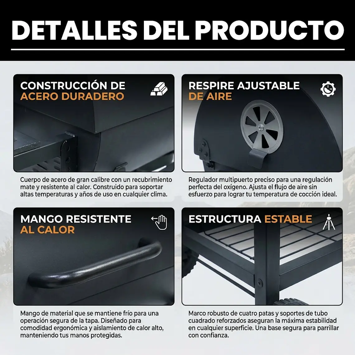Parrilla A Carbón Móvil Con Termómetro Acero Inoxidable 4
