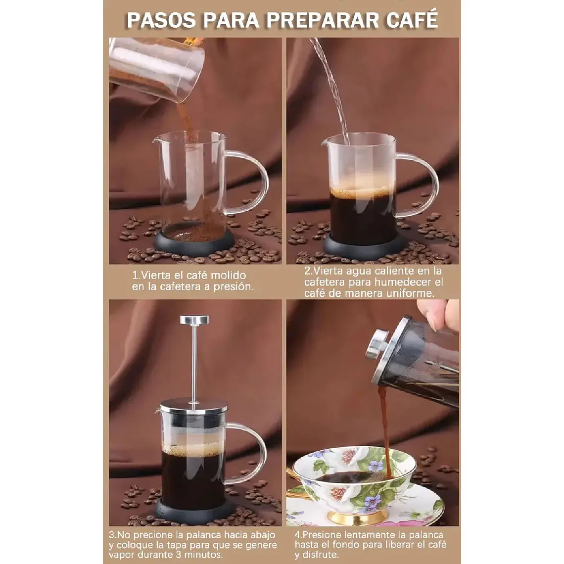 Cafetera Prensa Francesa 800ml De Vidrio Y Acero Te Cafe 3