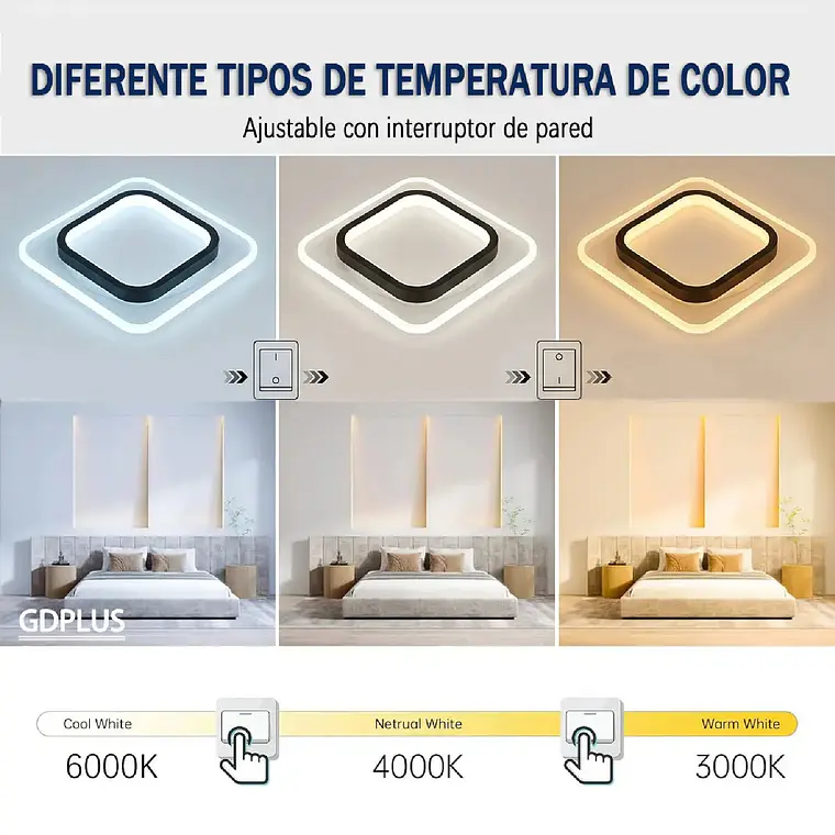 Lampara De Techo Led Plafon Cuadrada Moderna 3 Tonos 3