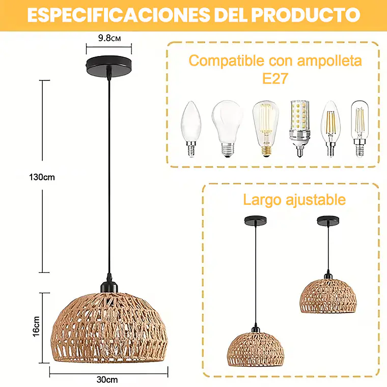 Lámpara Colgante De Techo Estilo Boho Ratán Decorativa 7