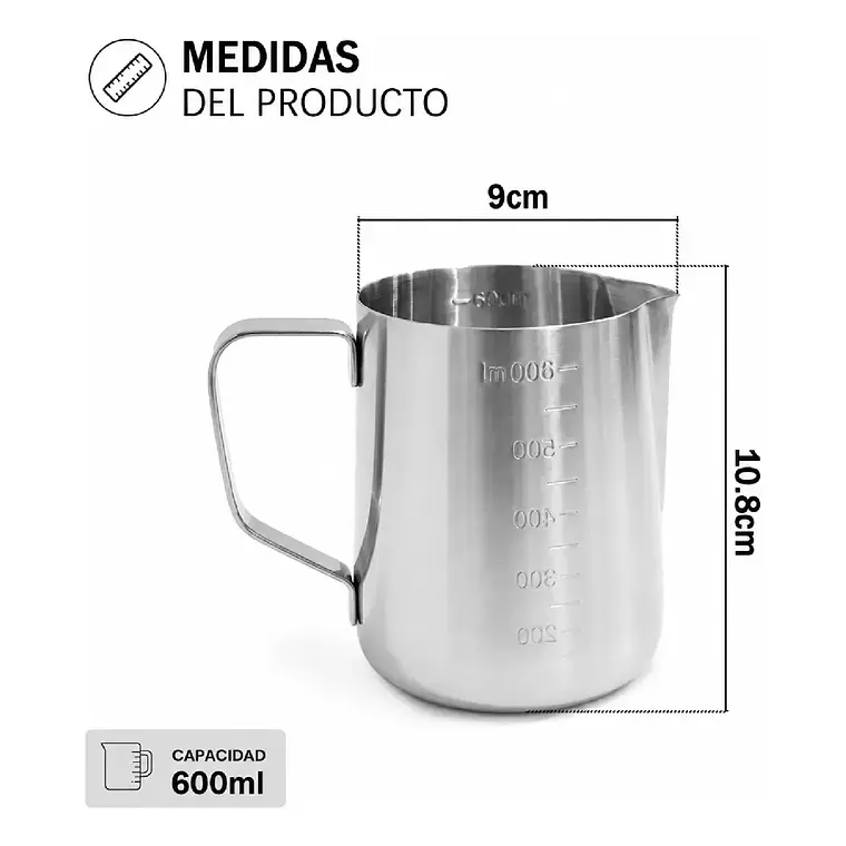 Jarra De Espuma Leche Barista Acero 600ml Pitcher Con Medida 5