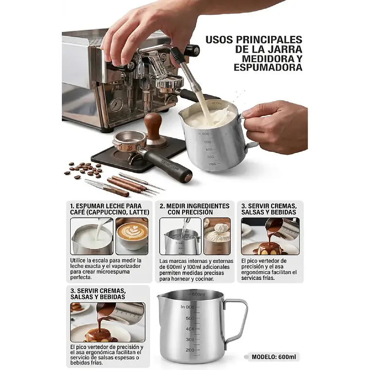 Jarra De Espuma Leche Barista Acero 600ml Pitcher Con Medida 3