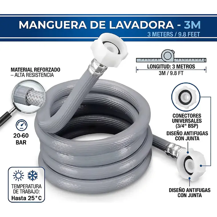 Manguera De Entrada De Agua Para Lavadora 3mts Universal 3/4 2