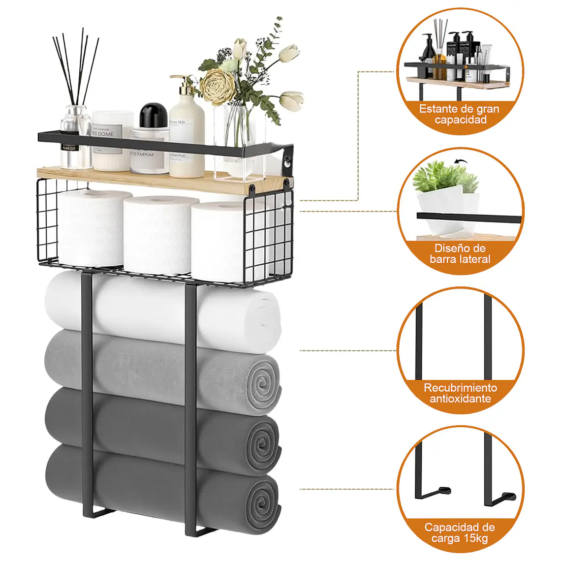 Estante Organizador Toallero De Pared Baño Con Repisa 2