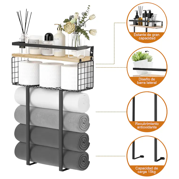 Estante Organizador Toallero De Pared Baño Con Repisa 2