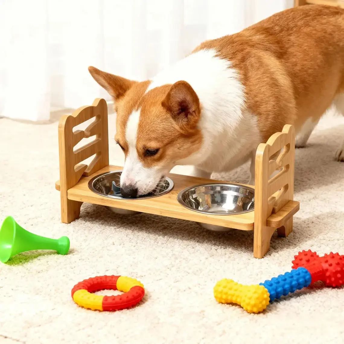 Comedero Bebedero Elevado Ajustable De Bambu Perros Y Gatos 7