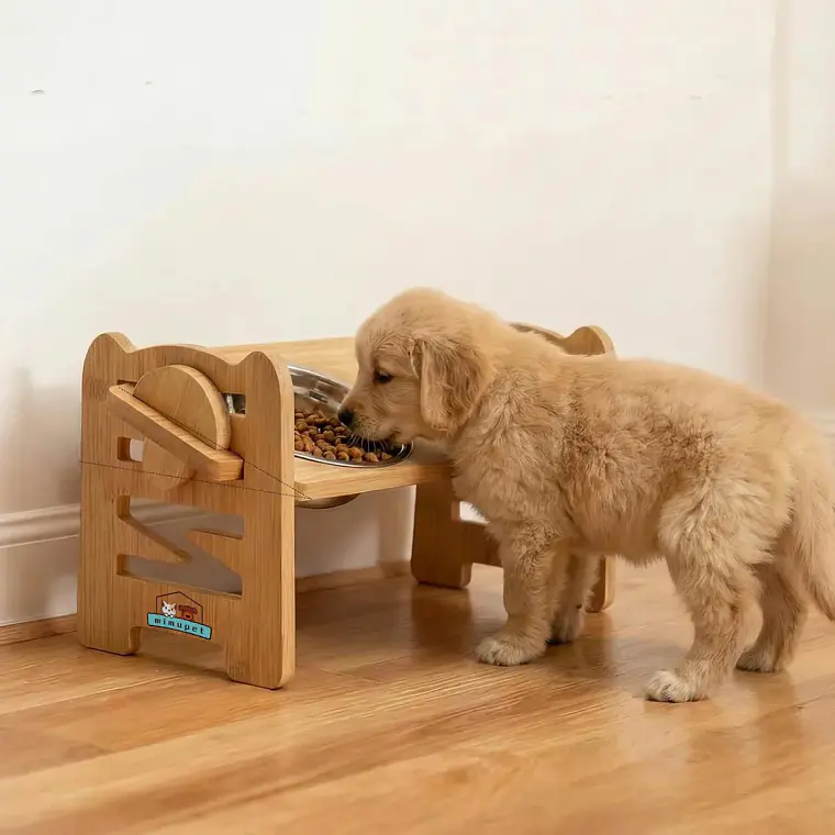 Comedero Bebedero Elevado Ajustable De Bambu Perros Y Gatos 6