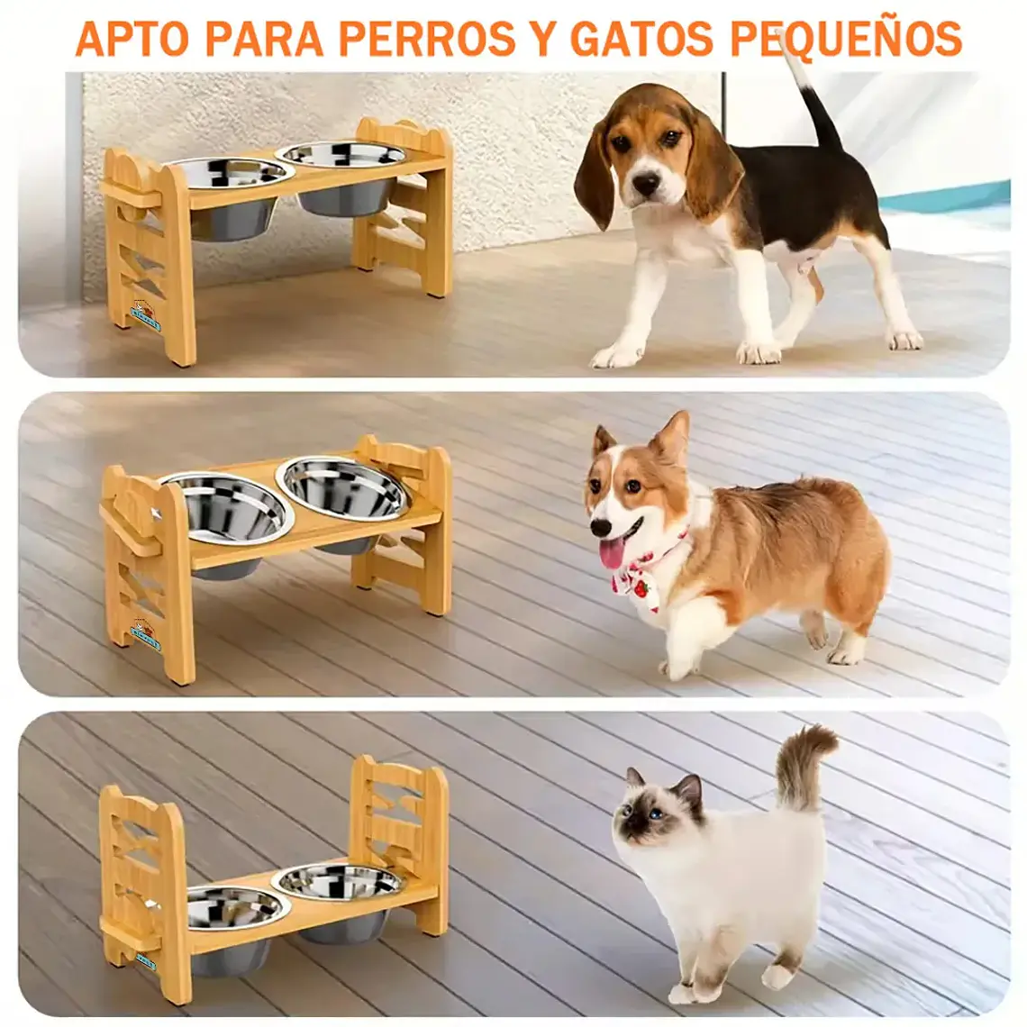 Comedero Bebedero Elevado Ajustable De Bambu Perros Y Gatos 5