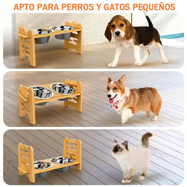 Comedero Bebedero Elevado Ajustable De Bambu Perros Y Gatos 5